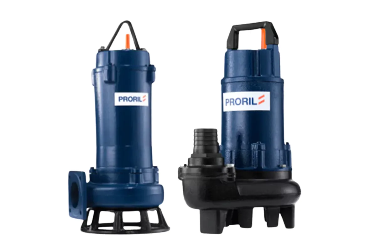 Two blue Proril sewage pumps with handles