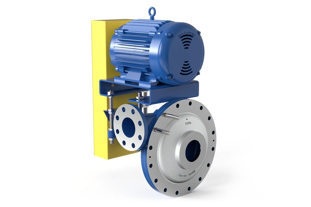 Carver pump with a blue electric motor and round flanged casing